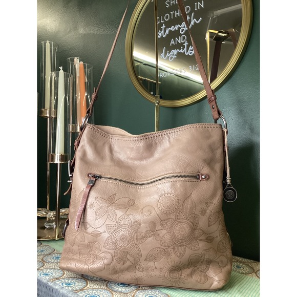 The Sak Handbags - The Sak Leather Hobo Bag Taupe Embossed Floral Mandala Shoulder Bag Boho